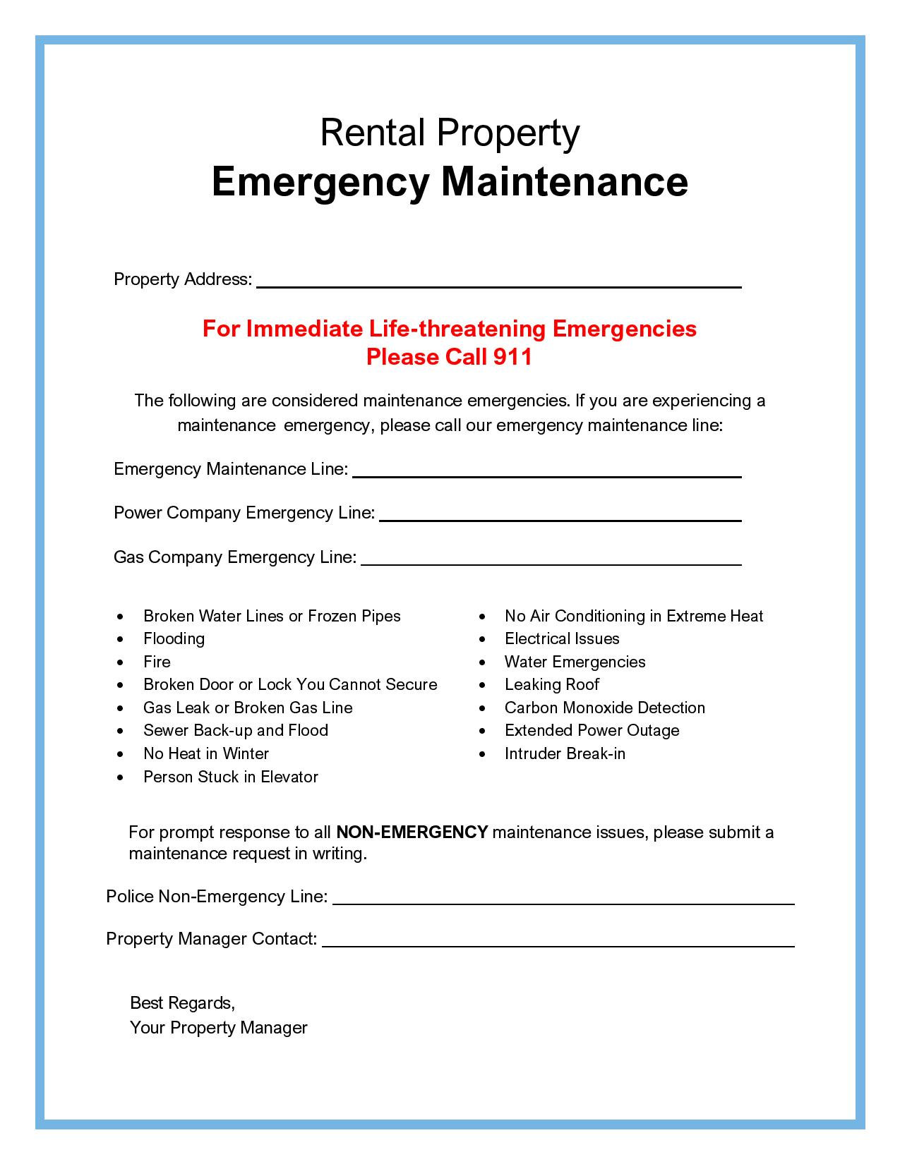 Printable Maintenance Emergency Form