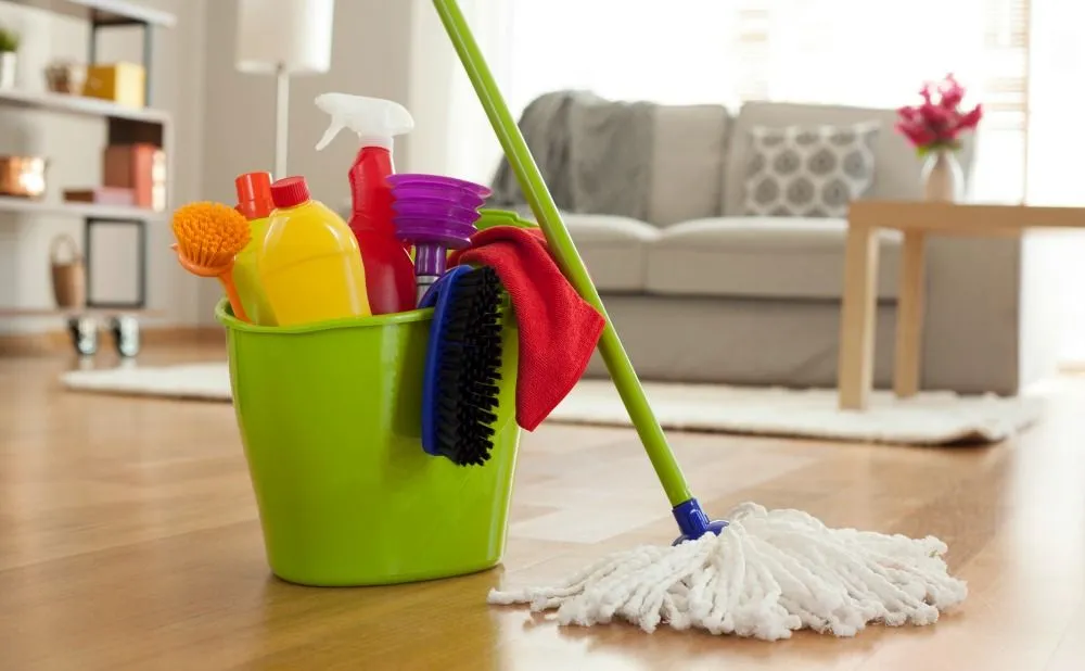 A bucket of cleaning supplies against a living room backdrop