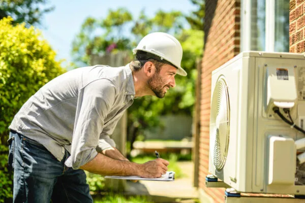 Man wearing a hard hat checks an outdoor HVAC unit while taking notes on a clipboard.
