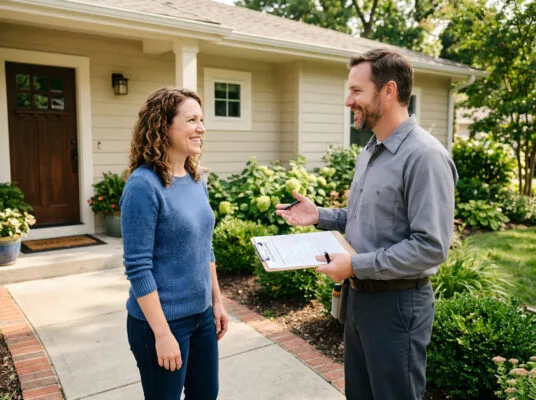 Rental property professional discussing housing paperwork with a prospective tenant