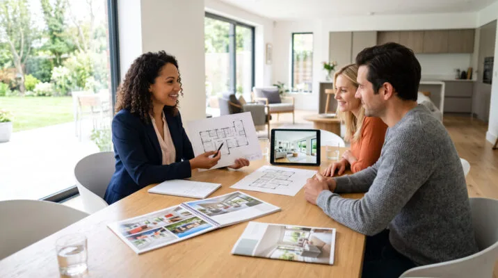 Prospective renters discussing a rental property with a housing professional
