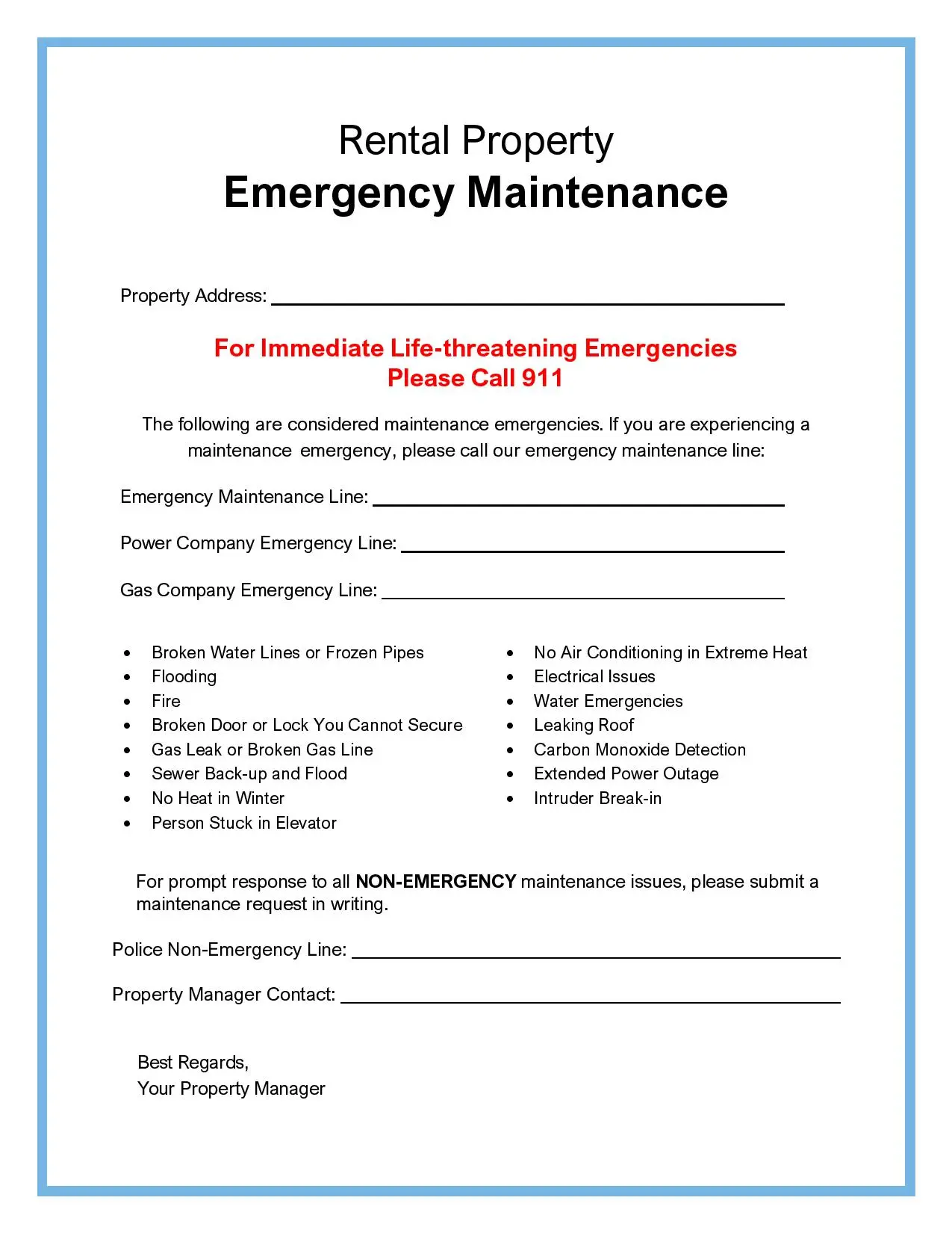 Printable Maintenance Emergency Form