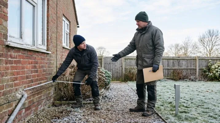Property management professionals inspecting a rental home during winter