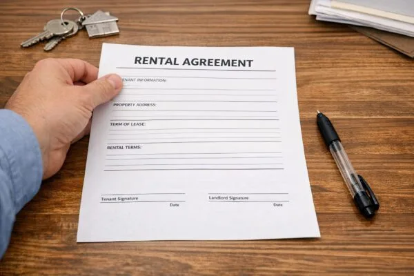 Hand holding a rental agreement on a wooden table beside keys and a pen.