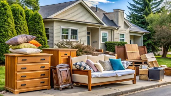 Dressers, a sofa, cushions, and other household items arranged along a curb outside a house.