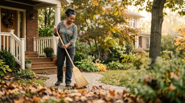 Woman sweeping fallen leaves from the walkway outside a well-maintained home.