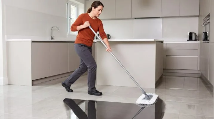 Woman mopping the floor in a clean, modern rental home kitchen.