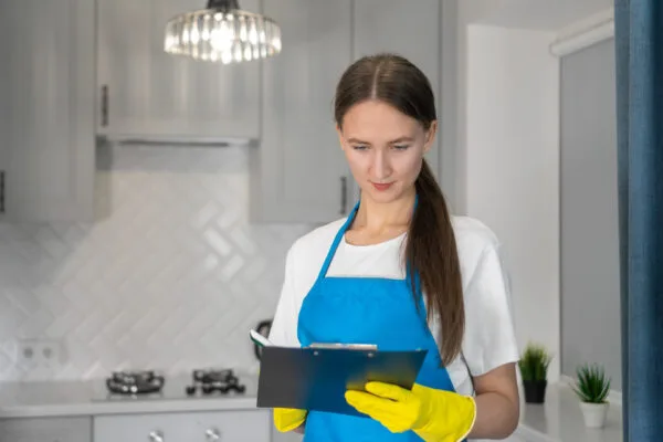Cleaner wearing gloves and reviewing a checklist in a rental property kitchen.