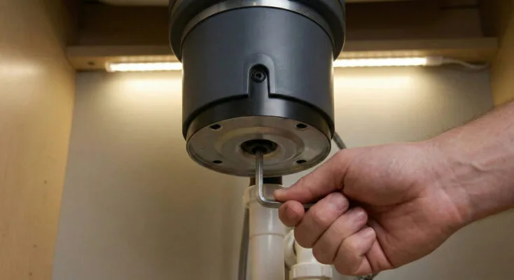 Person using a hex key to manually free a jammed garbage disposal under a kitchen sink