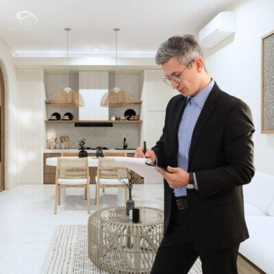 Property manager completing a move-out inspection checklist inside a bright, modern apartment