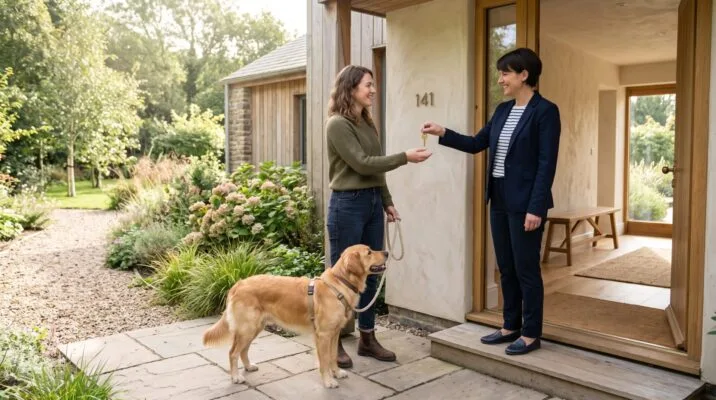 Renter receives keys with calm dog at a new rental home | | Bay Property Management Group