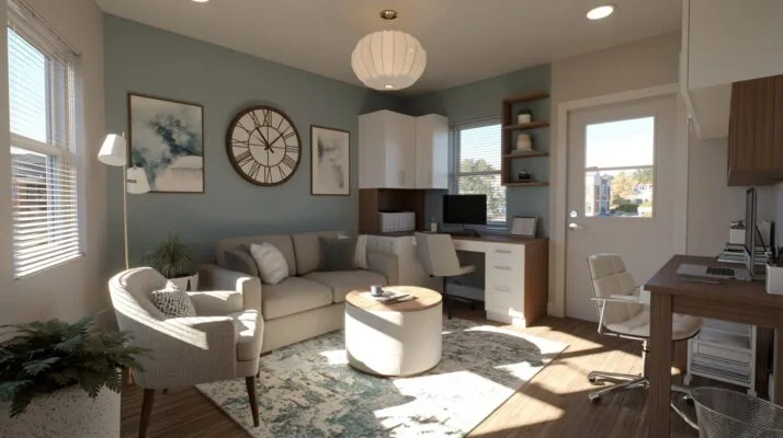 Neutral paint colors and modern finishes in a rental property living room