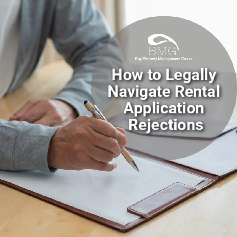 A person signing a document with the text "How to Legally Navigate Rental Application Rejections" displayed in a circular overlay.