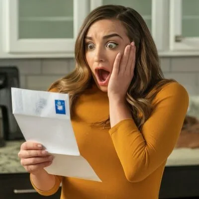A woman wearing a mustard-colored top looking shocked while holding a letter.