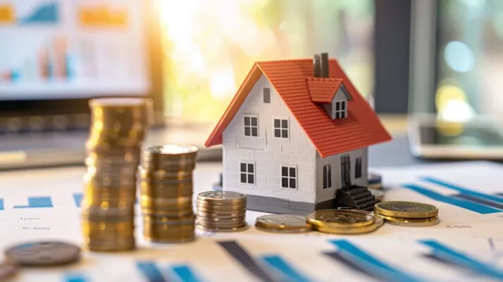 Model house and coins showing upward trend of potential rental income.