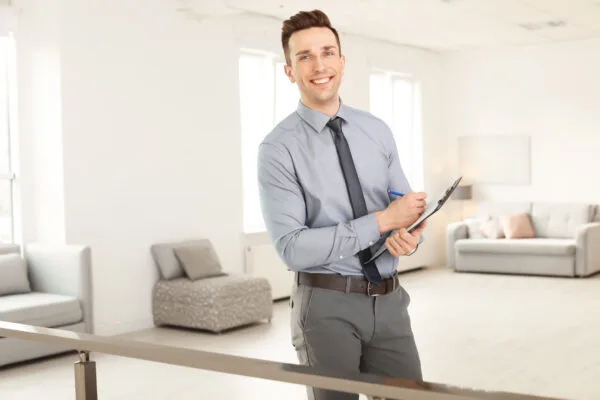Male landlord with clipboard indoors