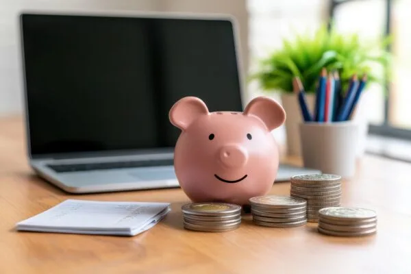 Piggy bank with coins and laptop on table.