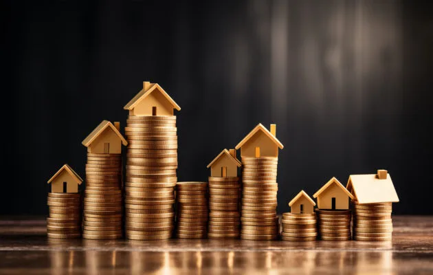 Stacks of coins with miniature houses on them