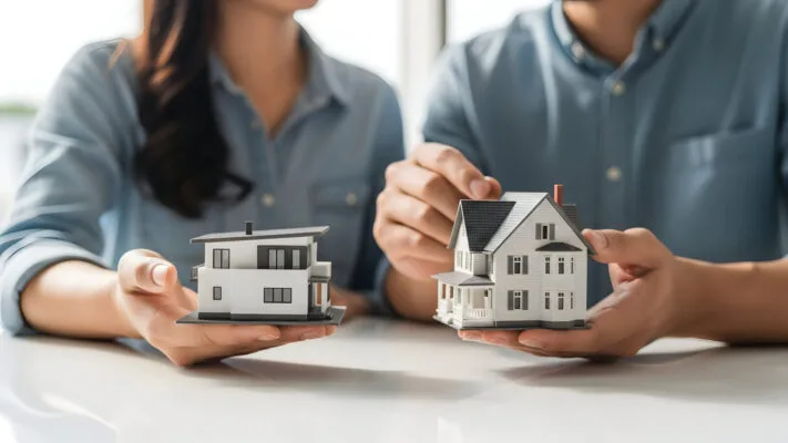 Couple holding two model houses while considering a second home and rental property