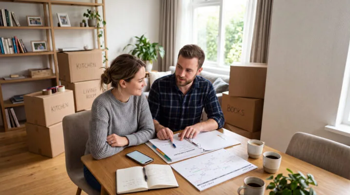 Couple reviewing paperwork while preparing to move into a new home