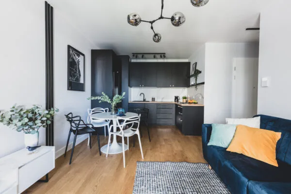 Living room with kitchen annex in a modern studio apartment for rent.