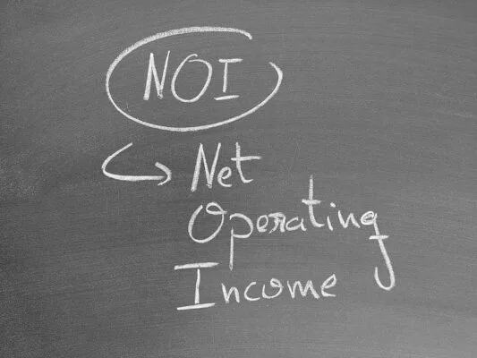 Conceptual art of financial terms written on a chalkboard demonstrating net operating income, its abbreviation, and explaining in a textual layout.
