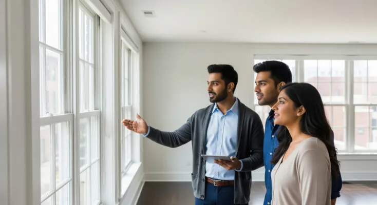 Prospective renters touring an apartment with a property manager