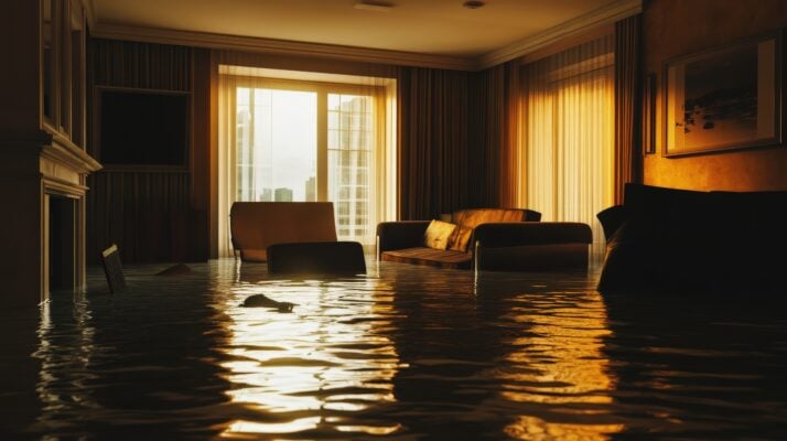 Water engulfs an apartment, rising over furniture as sunlight filters through windows, creating a striking contrast against the submerged interior