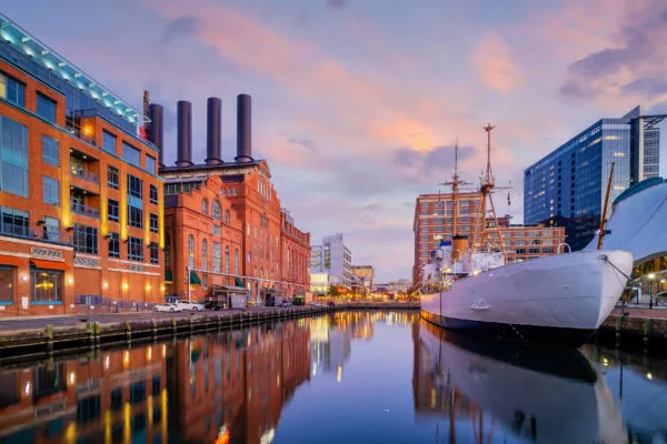 Downtown Baltimore city skyline , cityscape in Maryland USA at twilight