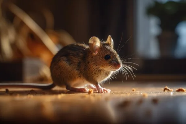 Tiny mouse on a floor close up with soft focus and bokeh background.