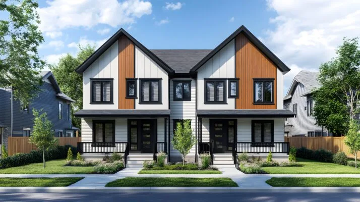 Eye-catching duplex home design showcasing a modern facade with stylish details and lush landscaping. Ideal for urban living and family lifestyles.