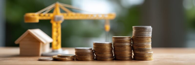 Stacks of coins next to a wooden house and crane, representing capital expenses in real estate investing