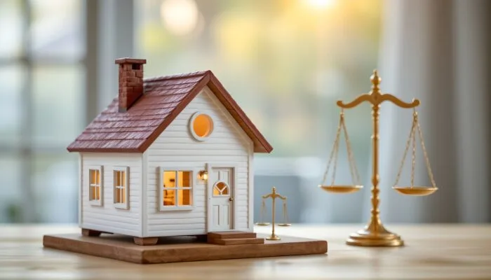 Miniature house with red roof beside a golden scale on a wooden table.