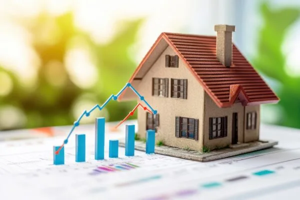 Model house with a fluctuating bar and line graph, symbolizing potential risks and pitfalls in real estate ROI and ROE