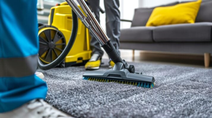 Professional steam cleaning in a rental property, showing routine carpet maintenance to extend lifespan and improve tenant experience