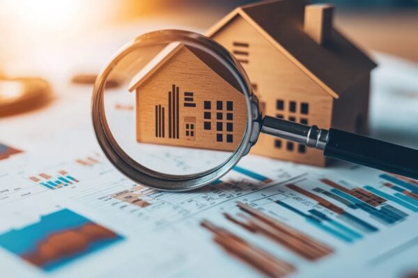 Magnifying glass over a house model and financial charts, symbolizing risk analysis and due diligence in private equity real estate deals.