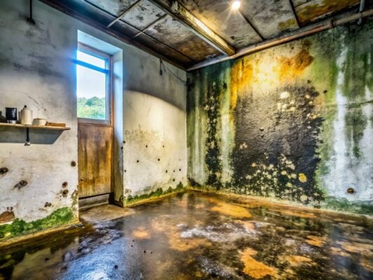 Severe water damage and mold covering the walls and floor of a rental property basement.