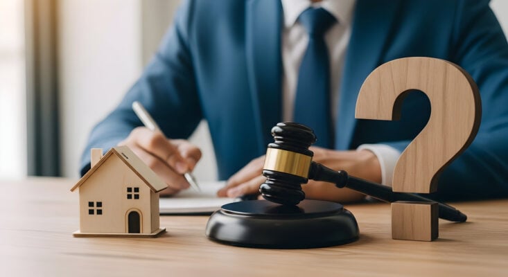 Small house model, gavel, and question mark on desk with professional writing in background, symbolizing legal responsibilities in real estate.