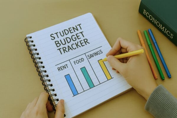Notebook with a student budget tracker showing rent, food, and savings categories.