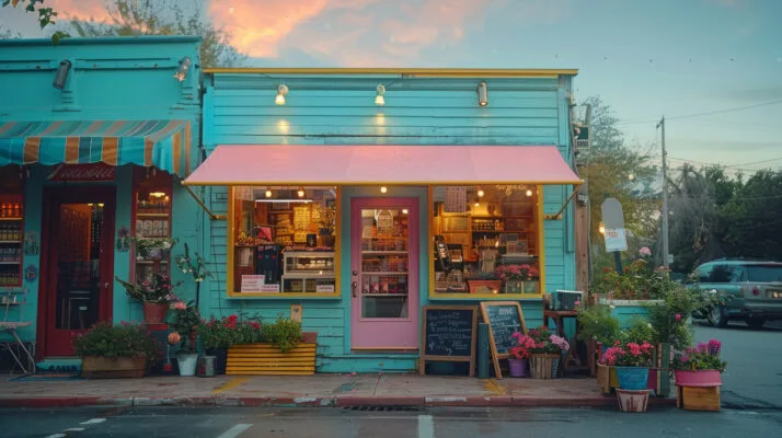 Colorful local shop with flowers and outdoor displays, representing exclusive discounts for tenants at neighborhood businesses.