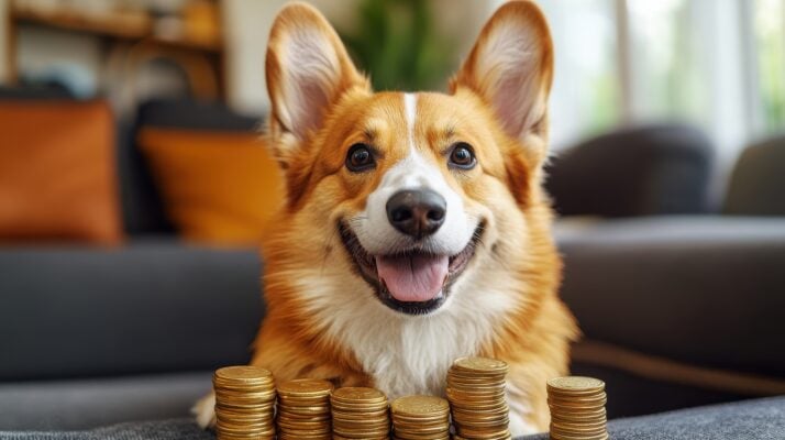 Dog sitting with coins representing how much a pet deposit costs for renters.
