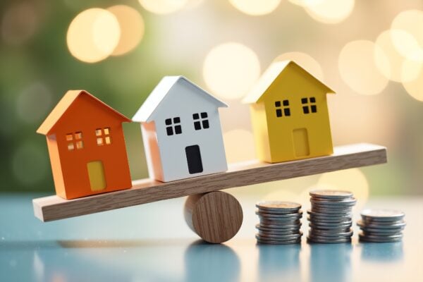 Three rental houses balanced with stacks of coins representing pet deposit, pet fee, and pet rent comparison