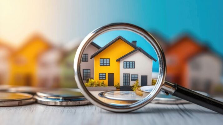 Magnifying glass over model house and coins illustrating rental property depreciation and remodeling expenses
