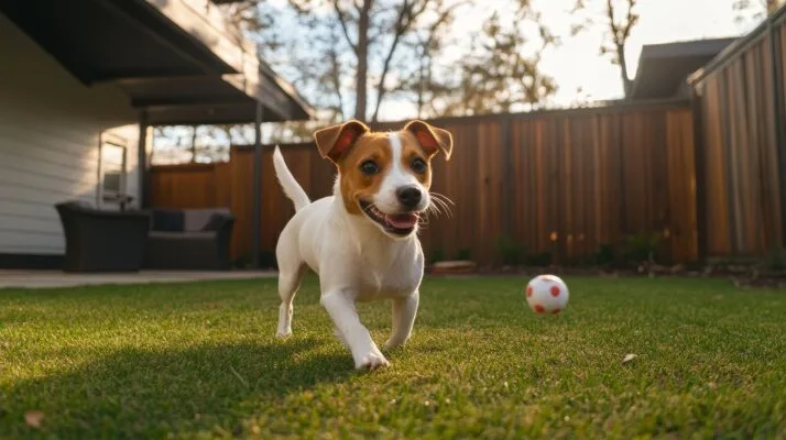 Happy dog playing in backyard of pet-friendly rental home