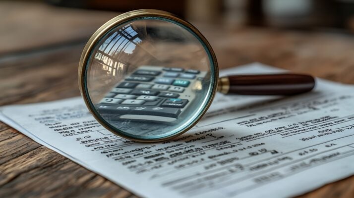 Magnifying glass and calculator on rental document to verify rent amount