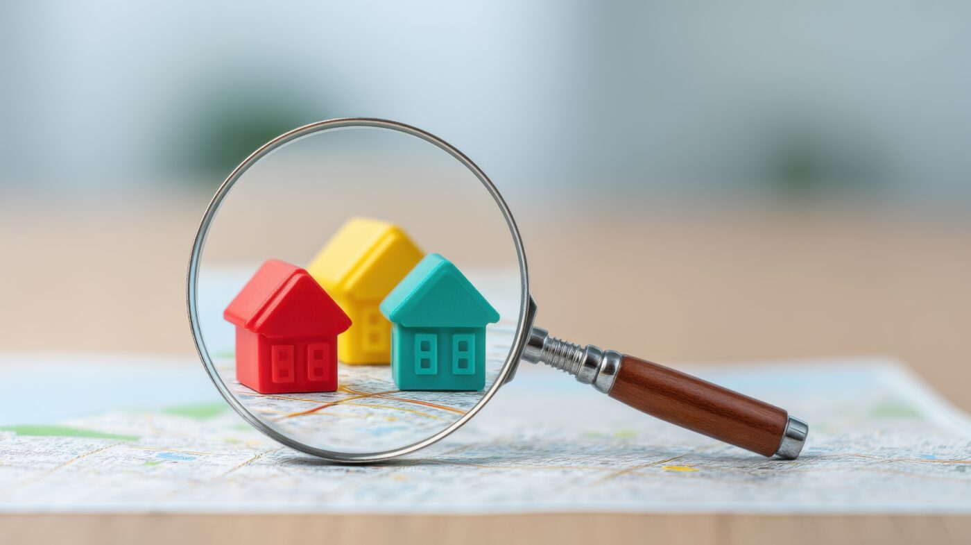 Colorful mini houses positioned on a map are viewed through a magnifying glass, symbolizing property search, real estate investment, and market analysis for homebuyers.