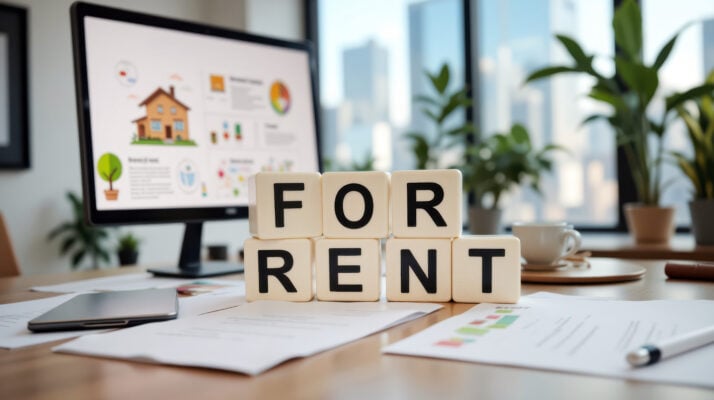 Rental property listing with for rent sign and application documents