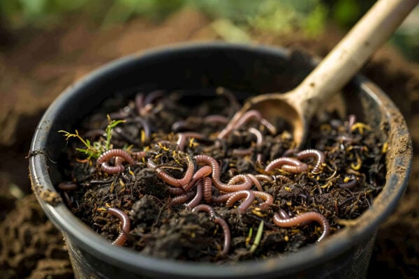 Vermicomposting nature agriculture with earthworm. Organic vermicompost, waste biodegradation with vermiculture. Sustainable gardening
