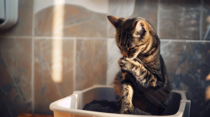 Cat grooming itself in a litter box inside an apartment