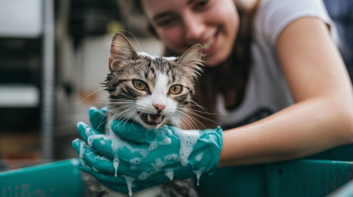 Washing a cat with pet-safe shampoo to reduce odors in an apartment